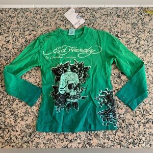 NWT Ed Hardy by Christian Audigier Kids 4 Skull Graphics LS 2fer Green Shirt Y2K